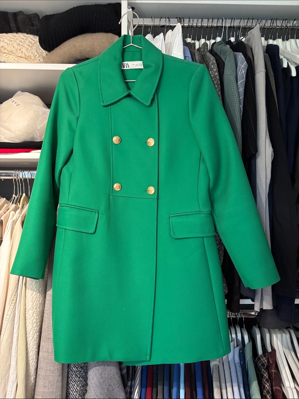 Zara Emerald Green Double-Breasted Pea Coat with Gold Buttons